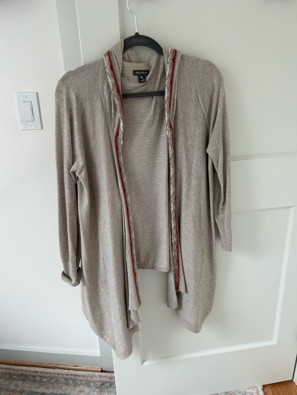 Eddie Bauer Taupe Open-Front Cardigan with Orange Trim